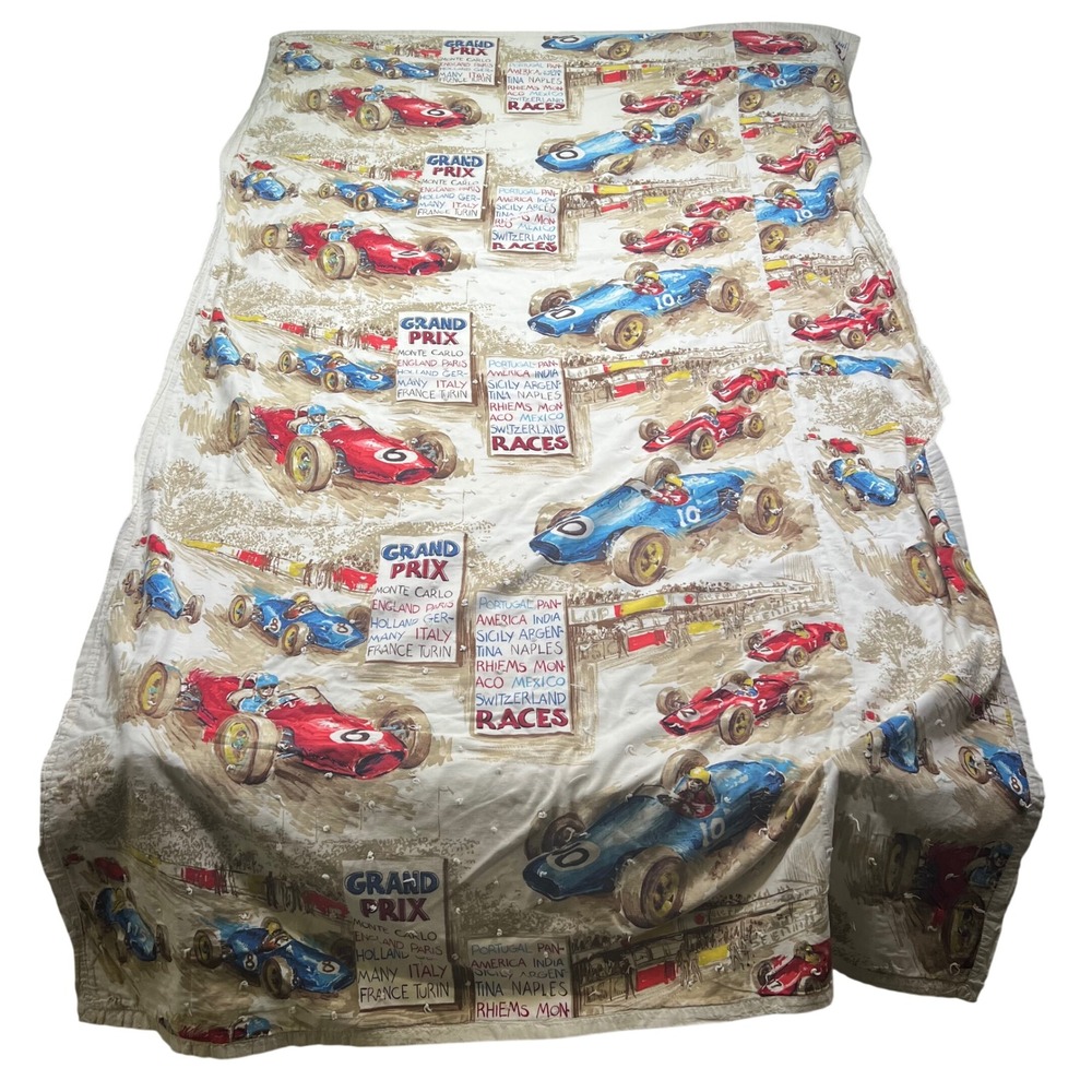 VTG 60s Grand Prix Race Car Hand Tied Quilt Blanket 51x87 Novelty Cotton Textile